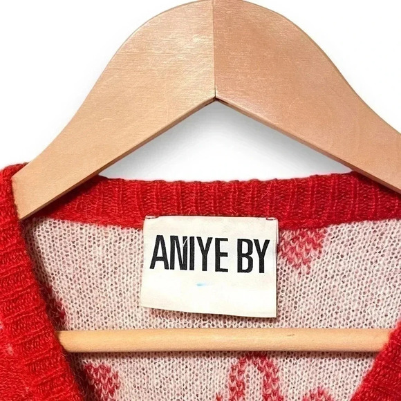 Aniye By With Love Red White Mohair Blend Pullover Crewneck Sweater Size XS - Picture 4 of 6